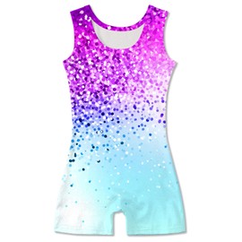 Funnycokid Gymnastics Leotards for Girls Dance Clothes Sparkly Outfits Unitard with Shorts, Diamond Purple Blue, 7-8 Years