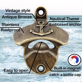 Luwanburg Brass Magnetic Bottle Opener Wall Mounted Anchor Beer Cap Opener Boat Mounted for Nautical Beach House (Antique Bronze)