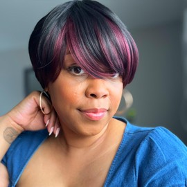 ToyoTress Short Pixie Cut Wigs - 4 Inch Black With Red Burgundy Bangs Short Layered Wig For Black Women, Light Yaki Straight Daily Costume Synthetic Hair Wigs Heat Resistant (4 Inch, FHBUG)