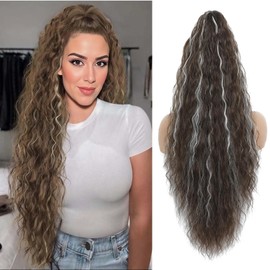 Claw Clip in Ponytail Extension 30 Inch Long Wave Curly Pony Tail Hair Extensions for Women fluffy Natural Looking Synthetic Hairpiece for Daily Use(Chocolate Brown Highlight H8/60A, 30Inch)