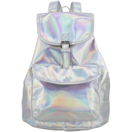 BJX Iridescent Reflective Luminous Holographic Flap Daypack Rusksack Bag Backpack, Shiny Silver