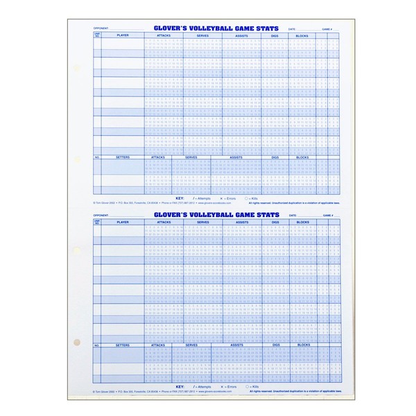 Glover's Scorebooks Volleyball Game Stat Charts (11 x 14.5) 140