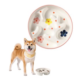 Ceramic Slow Feeder Dog Bowl - Portion Control Feeding Bowl for Medium Dogs – Cute Maze Food Dish for Fast Eaters - 3.1 Cups (310 g) - Doodle Series (Petal)