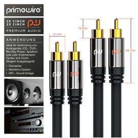 RCA Audio Cable - 3 m - Aux Inputs Audio 2x RCA Male to 2x RCA Male - Metal Plug - Double Shielding - Coaxial Cable Suitable for Amplifiers, Stereo Anlanges, HiFi Systems