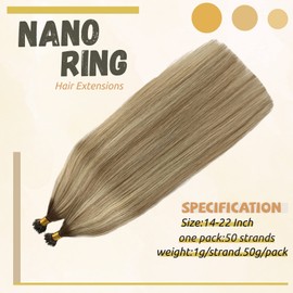 Nano Tip Human Hair Extensions Real Hair 16Inch Blonde Balayage Platinum Blonde Natural Nano Tip Human Hair Extensions Blonde Highlighted Nano Ring Straight Human Hair Extensions for Women