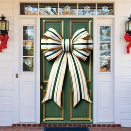 Tomhong Christmas Door Cover Green Gold Striped Bow 71x35 Inch Large Outdoor HolidayDecoration for Front Door Porch Yard Xmas Party Entrance Decor