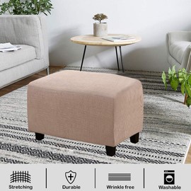 VIENLOVE Rectangle Ottoman Slipcover Polyester Blend Footstool Protector Covers Stretch with Elastic Bottom Feature Textured Machine Washable Jacquard Fabric (Beige, X-Large)