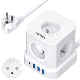 Multiprise USB Cube, TOPREK Cube Rallonge Multiprise 2M Avec 5 Prises AC Française, 1 USB C (20 W PD3.0) and 3 USB A, 1 Interrupter, 4000 W/16 A, France Voyage Bureau à Domicile Power Board, White