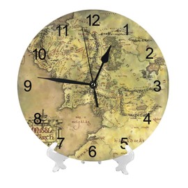 YouTary Middle Earth Map Pattern Round Decorative Wall Clock Silent Non Ticking Battery Operated for Home Kitchen Living Room Classroom