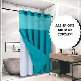 WPM No Hooks Required Shower Curtain with Snap-in Liner Waffle Weave Design, Hotel Grade Style Waterproof & Washable, Mesh top Window Easy Snaphook Bathroom Teal Curtains (54"x80" W/Liner, Teal)