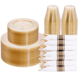 DaYammi 210PCS Gold Glitter Plastic Dinnerware Set for 30 Guests, Fancy Disposable Plates for Party, Include: 30 Dinner Plates, 30 Dessert Plates, 30 Pre Rolled Napkins with Gold Silverware, 30 Cups