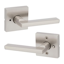 Kwikset Halifax Interior Privacy Door Handle with Lock, Door Lever For Bathroom and Bedroom, Satin Nickel Reversible Keyless Push Button Lock Door Lever, with Microban Protection