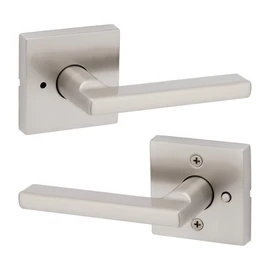 Kwikset Halifax Interior Privacy Door Handle with Lock, Door Lever For Bathroom and Bedroom, Satin Nickel Reversible Keyless Push Button Lock Door Lever, with Microban Protection
