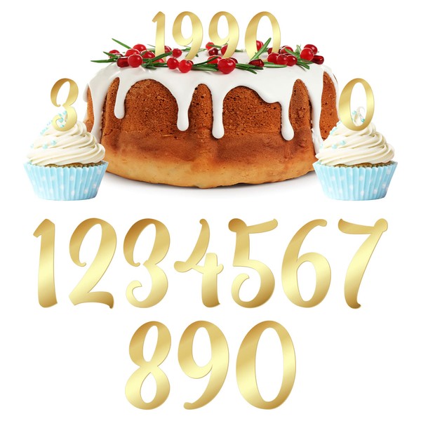 Gyufise 10 adornos acrílicos para tartas con números de 0 a 9 números, púas doradas espejadas para decoración de tartas de boda, cumpleaños, baby shower, suministros de fiesta