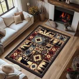 Rustic Rug for Living Room,Cabin Wildlife Area Rug 5x7,Buffalo Plaid Bear Moose Deer Country,Washable Throw Carpet Vintage Carpets Runner Indoor Non Slip Accent Floor Mats for Bedroom,Kids Playroom