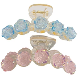 Healvian 2pcs Camellia Hair Claw Clips for Women Large Thick Jaw Clips Elegant Design for Daily Use and Special Occasions for Styling Bun Half-updo Pink and Blue