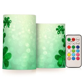 YETTASBIN St. Patrick's Day Clover Flameless Candles with Remote Control and Timer, Adjustable Brightness Long Lasting Battery Operated LED Pillar Candles for Indoor Outdoor Party Home Decor, 2 Pack