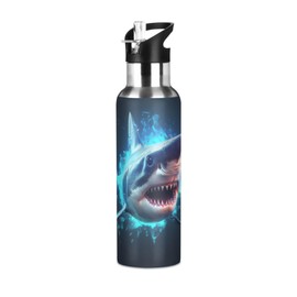 ZOEO Blue Shark Water Bottle with Straw Lid Thermos Kids Insulated Stainless Steel Water Flask Sports, 20 Oz Hot Cold, SPWT490c5251051