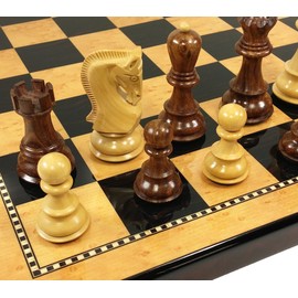 4 Queens - Opposite Tops - 3 3/4" King Staunton Acacia Wood Russian Knight Chess Men Set W/ 18" Gloss Walnut Color Board