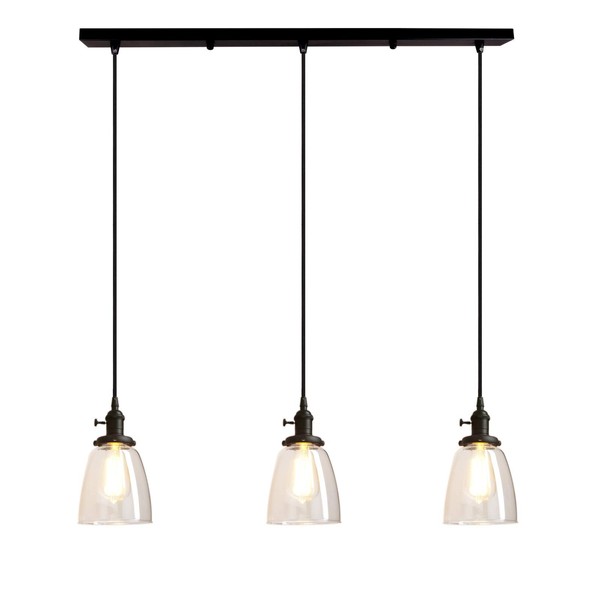 Pathson Industrial 3-Light Pendant Lighting Kitchen Island Hanging Lamps with Oval Clear Glass Shade Chandelier Ceiling Light Fixture (Black)