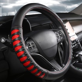 West Llama Microfiber Leather Car Steering Wheel Cover for Men Women,Universal Fit 15.5-16 inchs(Leather Nails-Red+Black-Large Size)