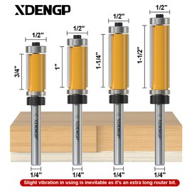 XDENGP 4 PCS Top and Bottom Bearing Flush Trim Router Bits Set 1/4 Inch Shank, 1/2 Inch Cutting Diameter, 3/4", 1", 1-1/4", 1-1/2" Inch Cutting Length