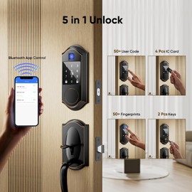YYTDZSW Fingerprint Smart Locks for Front Door with Lever Handle Set, Keyless Entry Door Lock, Touchscreen Keypad Deadbolt, App Control, Auto-Lock, Oil Rubbed Bronze