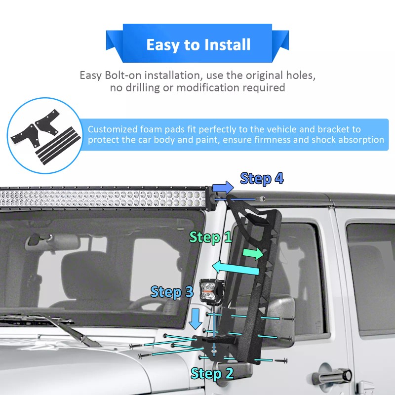 SI 52" LED Light Bar Windshield Brackets & A-pillar for