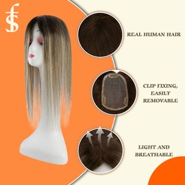 Full Shine Clip in Toppee Silk Base Human Hair Topper for Women Mono Base Topper 3 * 5inch Balayage Color Brown with Blonde 12 Inch Hidden Crown Hair Extensions Hair Pieces with Clips