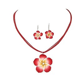Hawaiian Plumeria Rubra Earrings Necklace Set Bohemia Tropical Flower Dangle Earrings Luau Beach Party Accessories for Women Jewelry-Red