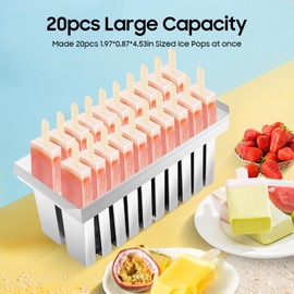 Metal Popsicle Moulds, Set of 20 Flat Head Stainless Steel Ice Lolly Molds with Holder, Commercial Double-slot Ice Pop Molds, Fast Freezing Ice Cream Makers with w/100 Reusable Bamboo Sticks & 50 Bags