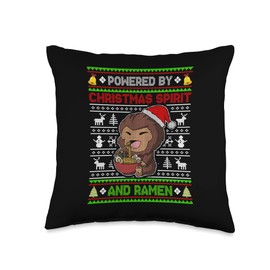 Bigfoot Sasquatch Powered by Christmas Spirit and Ramen Throw Pillow