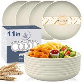 Wrova Large Wheat Straw Plates - 11 Inches Unbreakable Big Dinner Plates Set of 8 - Dishwasher & Microwave Safe Plastic Plates Reusable - Deep Edge Plates for Kitchen and Camping (Beige)