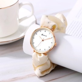 JewelryWe Womens Scrunchies Quartz Watches: White Elegant Beautiful Soft Wristband Analog Student Elastic Casual Bracelet Hair Scrunchy Strap Expansion Band Wristwatch