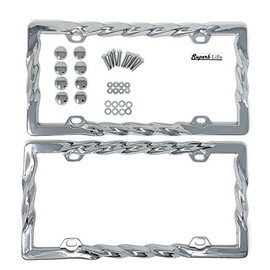3D Curly Wave Pattern License Plate Frame Chrome Twist with Screws Caps, Set of 2