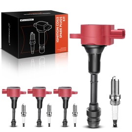 A-Premium Set of 4 (Red) Ignition Coil Pack and Iridium Spark Plugs Compatible with Nissan Altima Sentra 2002-2006, X-Trail 2005-2006 L4 2.5L
