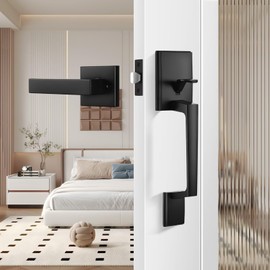 Leydebong Black Front Door Handle Set with Reversible Lever - Exterior Door Handle Set for Right or Left Handed Doors, No Lock Entry Lever, Matte Black Finish