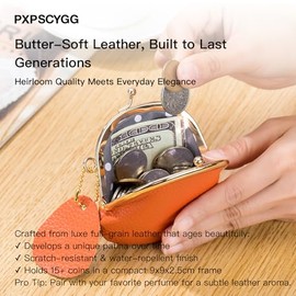 Monedero pequeño de cuero genuino para mujer, color negro | Cerradura beso de latón, mini portátil, impermeable, almacenamiento multiusos