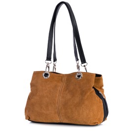 LiaTalia - Lush Italian Suede Womens Twin Handle Multi Zip Pockets Small Shoulder Bag - HOLLY (Tan)