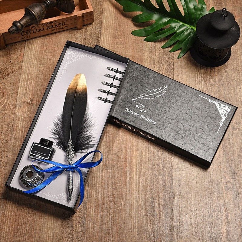 Vintage Classical Fountain Pen Feather Quill Dip Pen Ink Bottle