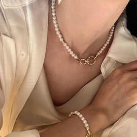 IDOKAWA White Pearl Strands Necklace Gold Link Combo Set for Women (White)
