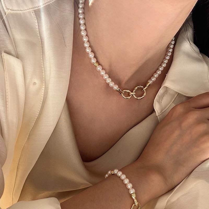IDOKAWA White Pearl Strands Necklace Gold Link Combo Set for