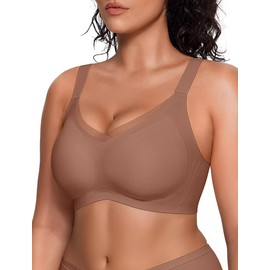 Vertvie Wireless Bras for Women No Underwire Supportive Mesh Crossover Bra Seamless Push Up Full Coverage Everyday Bralettes(Brown,X-Large)