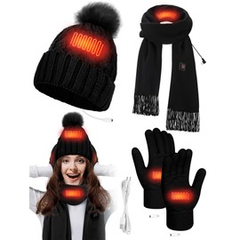 Cutecrop 3 Pcs USB Heated Hat Scarf Gloves Set for Men Women Warm Gift No Power Supply Included(Black,Elegant Style)