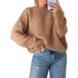 Antnation Womens Soft Fuzzy Knit Sweater Oversized Cozy Pullover Jumper Long Sleeve Casual Crewneck Sweater(Khaki-M)