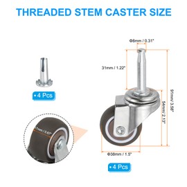 PATIKIL 1.5 Inch Swivel Caster Set of 4 Stem Casters 5/16" (8mm) Dia Stem Threaded TPE Wheels 146Lbs Total Load Capacity with Sockets for Furniture Trolley Cart