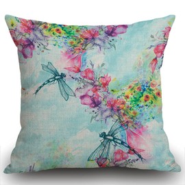 Smooffly Watercolor Flowers Dragonfly Cushion Cover Outdoor Furniture Decorative Linen Square Double Sided Printing Pillow Cover for Home Office Sofa Couch Car Garden 45 x 45cm 18 x 18 inches