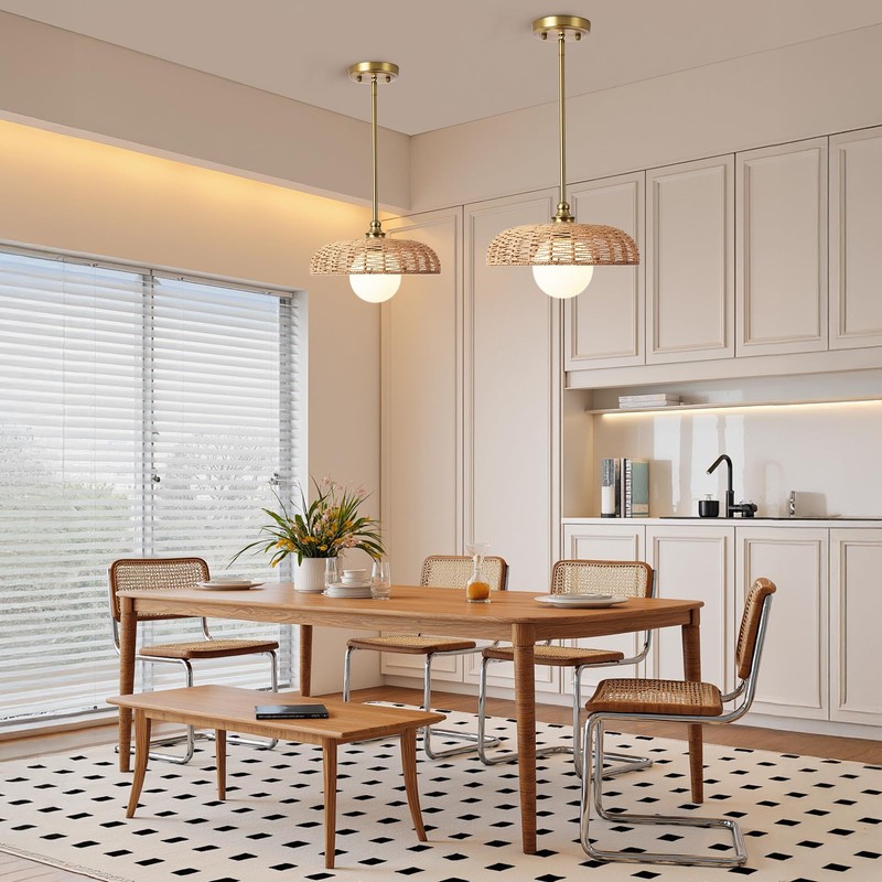 Boho Pendant Lights Fixtures for Kitchen Island, Rattan Chandelier Wicker