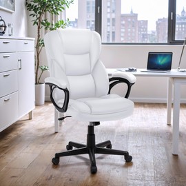 JUMMICO Executive Office Chair High Back Managerial Home Desk Chair, Adjustable Swivel Computer PU Leather Chair with Lumbar Support (White)