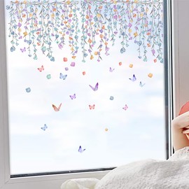 duahappy Flower Butterfly Window Clings Wall Stickers, PVC Double-Sided Hanging Floral Plant Anti Collision Removable Spring Summer Window Decals, Window Cling for Home Party Shop Glass Display